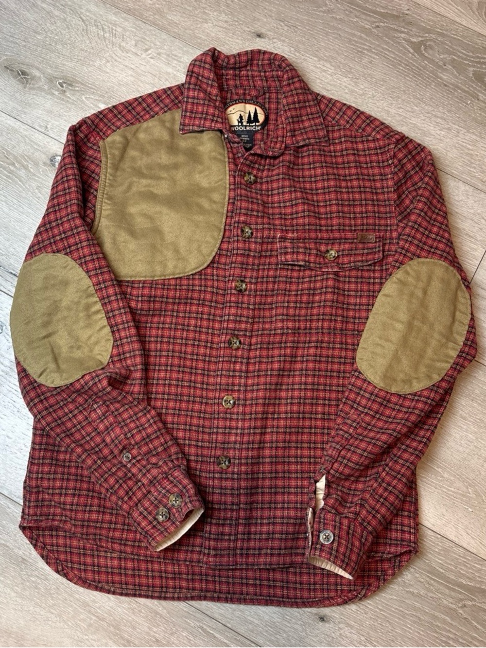 Woolrich Men's Red Plaid Button-Up Jacket with Tan Elbow Patches